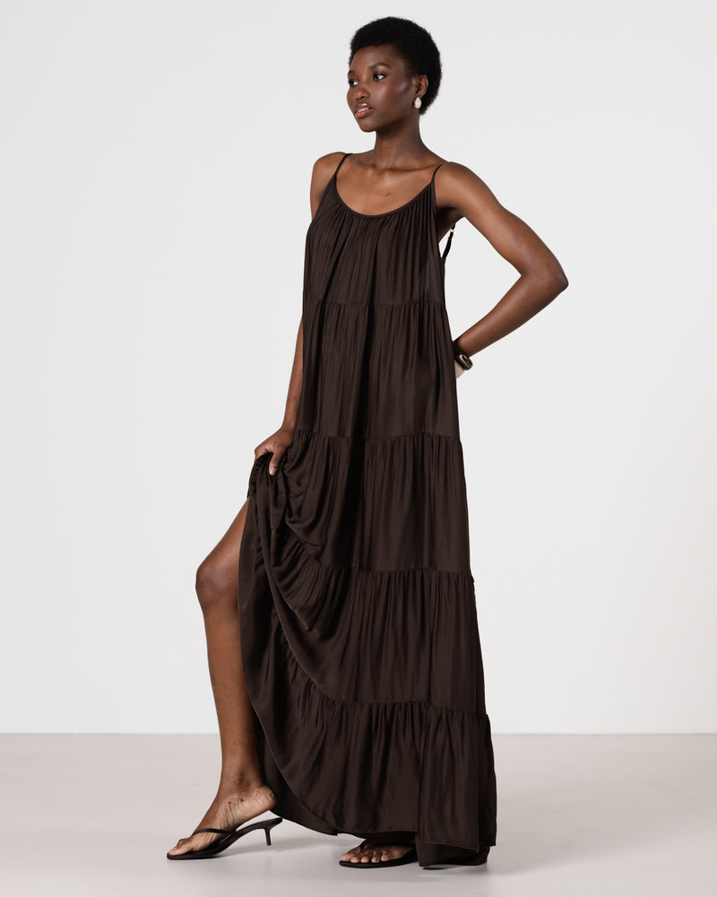 Noelle Strappy Tiered Satin Maxi Dress | Cocoa Soleil JAKI Noelle Strappy Tiered Satin Maxi Dress | Cocoa Soleil JAKI
