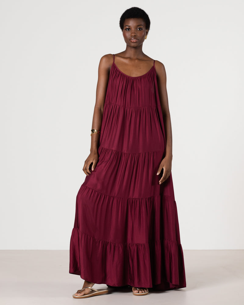 Noelle Strappy Tiered Satin Maxi Dress | Dark Cherry JAKI Noelle Strappy Tiered Satin Maxi Dress | Dark Cherry JAKI