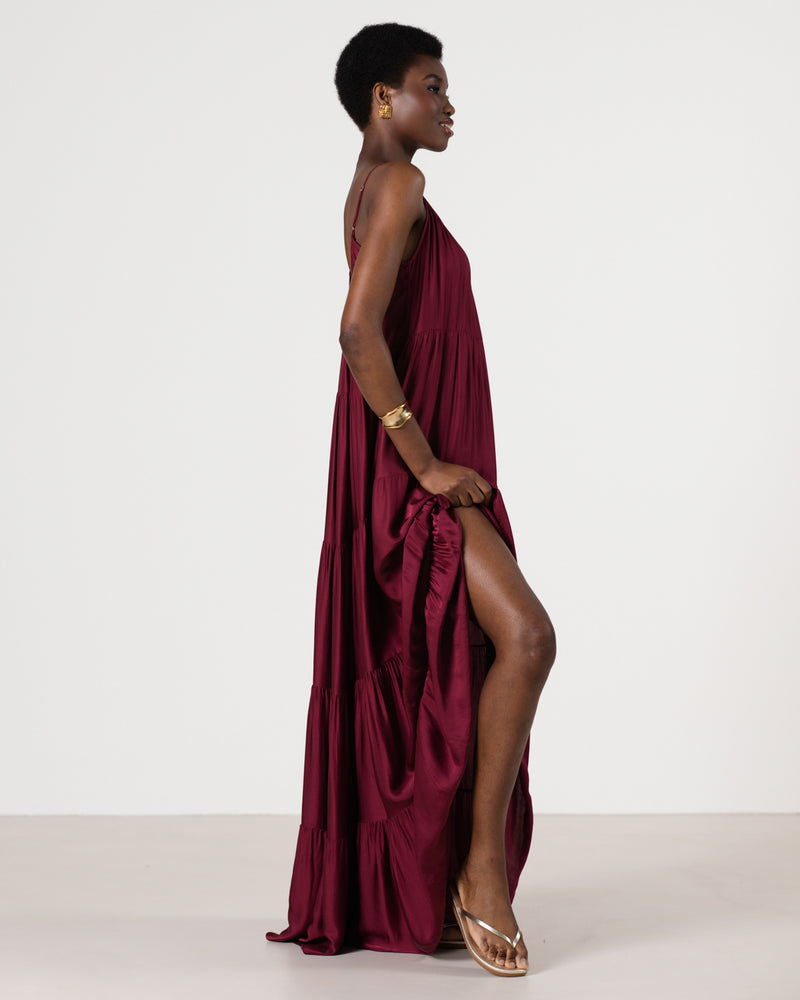 Noelle Strappy Tiered Satin Maxi Dress | Dark Cherry Noelle Strappy Tiered Satin Maxi Dress | Dark Cherry