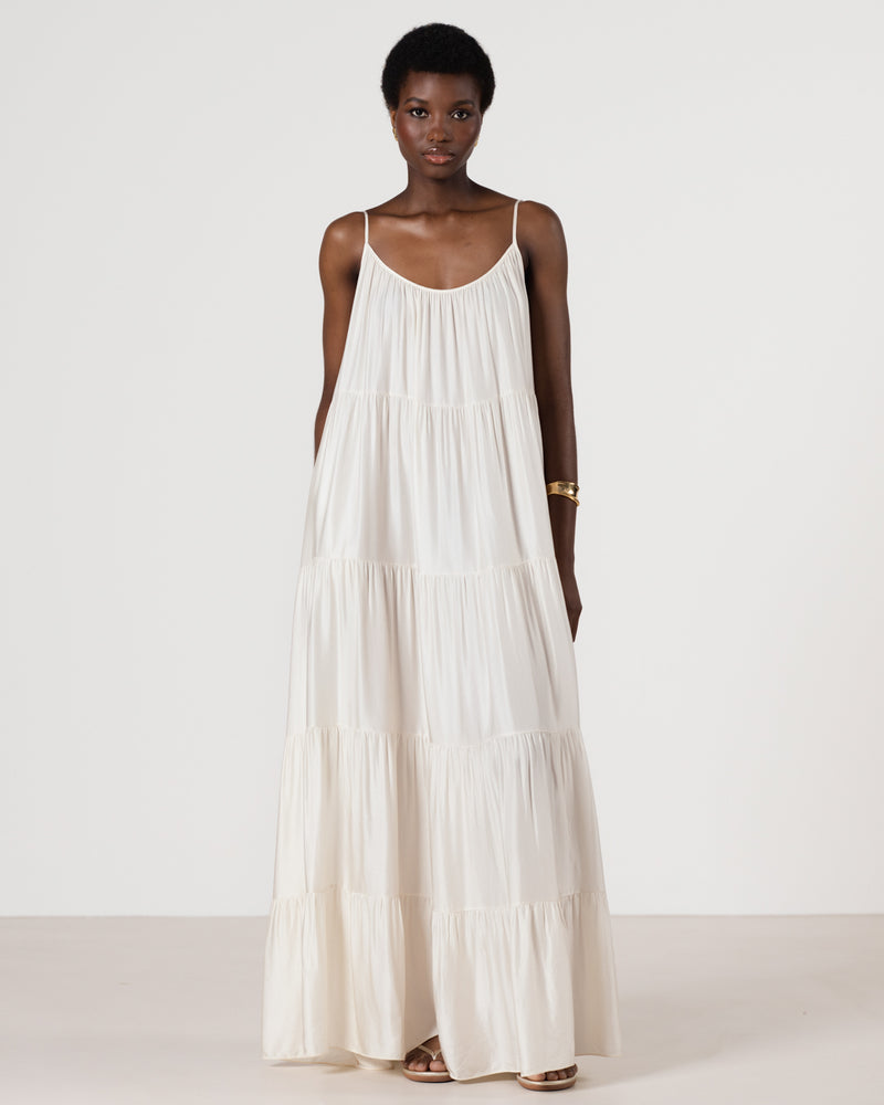 Noelle Strappy Tiered Satin Maxi Dress | Ivory JAKI Noelle Strappy Tiered Satin Maxi Dress | Ivory JAKI