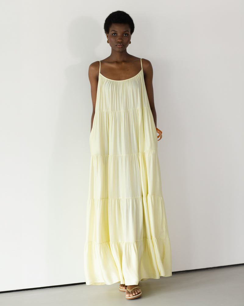 Noelle Strappy Tiered Satin Maxi Dress | Butter Yellow Noelle Strappy Tiered Satin Maxi Dress | Butter Yellow