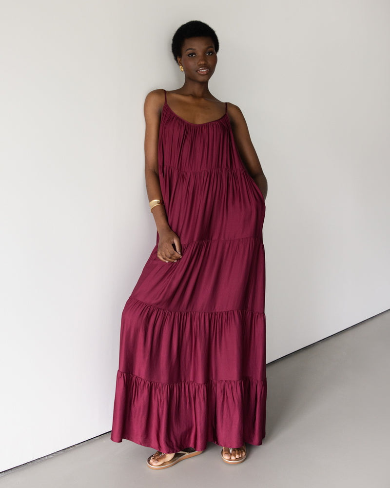 Noelle Strappy Tiered Satin Maxi Dress | Dark Cherry Noelle Strappy Tiered Satin Maxi Dress | Dark Cherry