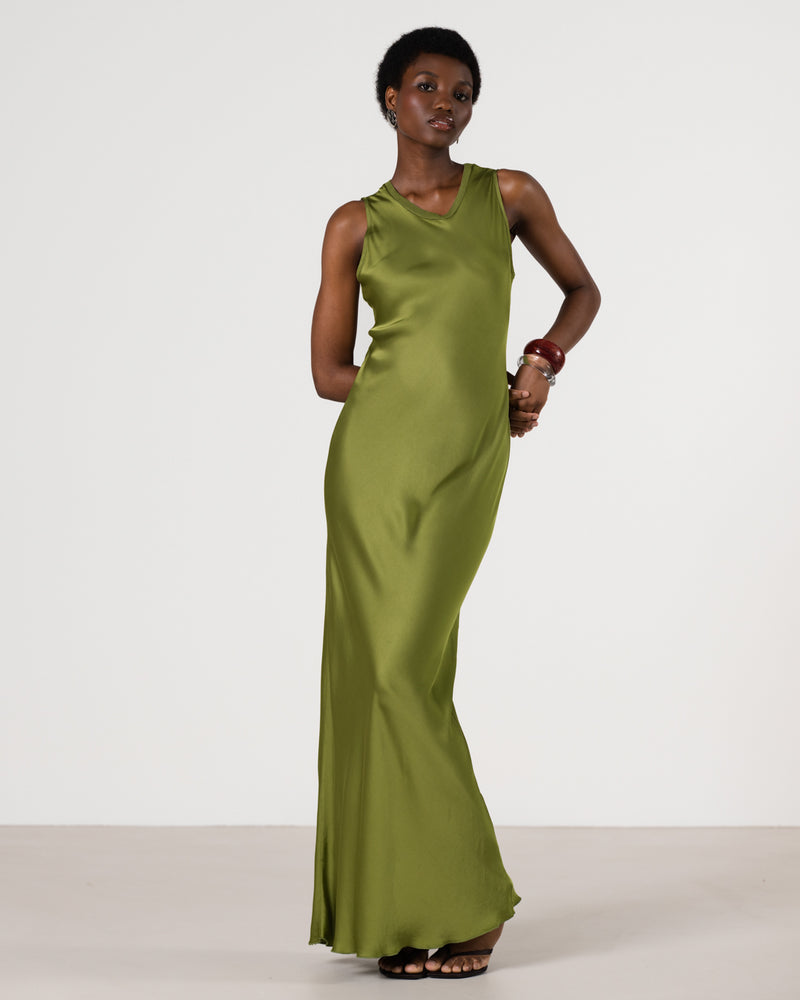 Sabrina Sleeveless Satin Maxi Dress | Olive Green Sabrina Sleeveless Satin Maxi Dress | Olive Green