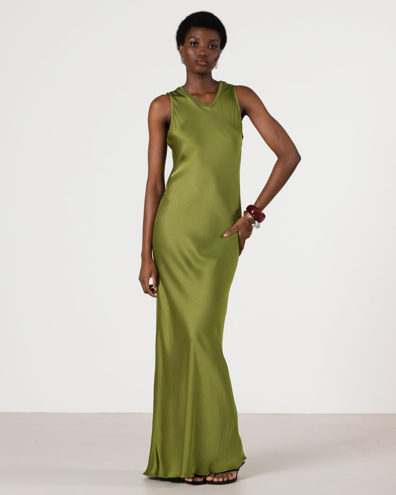 Sabrina Sleeveless Satin Maxi Dress | Olive Green JAKI Sabrina Sleeveless Satin Maxi Dress | Olive Green JAKI
