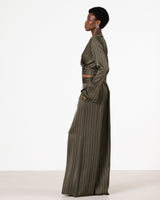 Zoe Pinstripe Elastic Wrap Satin Top | Khaki