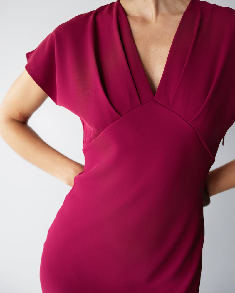 JAKI Juliette V Neck Dress in Burgundy size XS | Polyester/Elastane JAKI Juliette V Neck Dress in Burgundy size XS | Polyester/Elastane