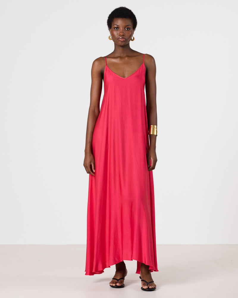 raspberry silk dress Raspberry Stretch Satin Long Dress With Wrap-Over Slit And Lace-Up Bac