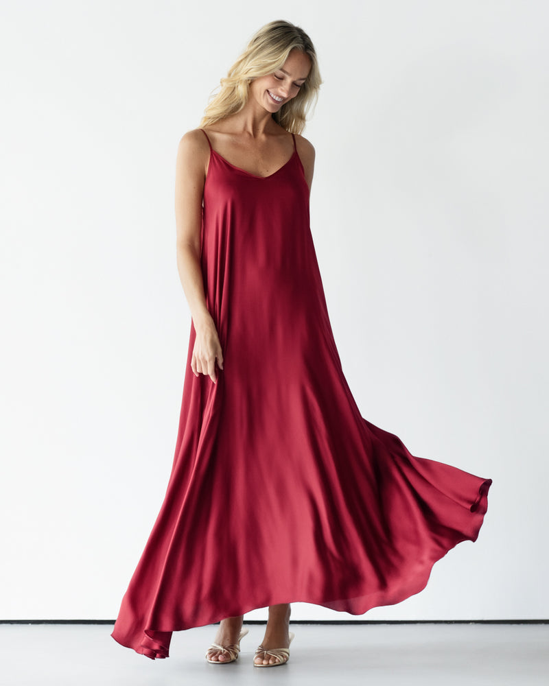 maxi red slip dress True Icon | Burgundy Satin High-Neck Maxi Slip Dress With Sash