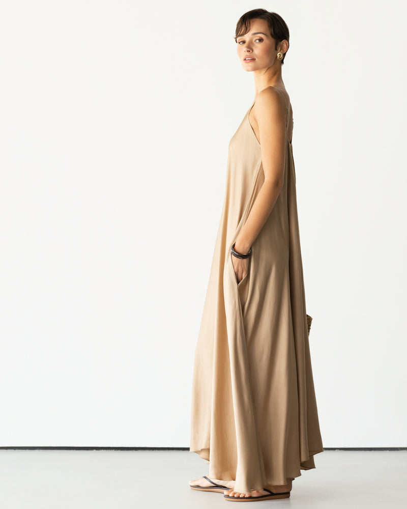 JAKI Nyra Slip Satin Maxi Dress in Taupe size Medium | Viscose JAKI Nyra Slip Satin Maxi Dress in Taupe size Medium | Viscose