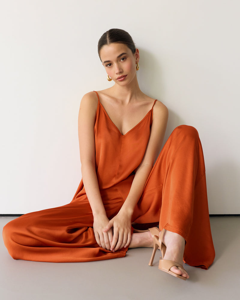 Audrey Satin Jumpsuit | Burnt Orange