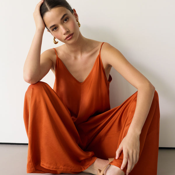 Audrey Satin Jumpsuit Burnt Orange – JAKI