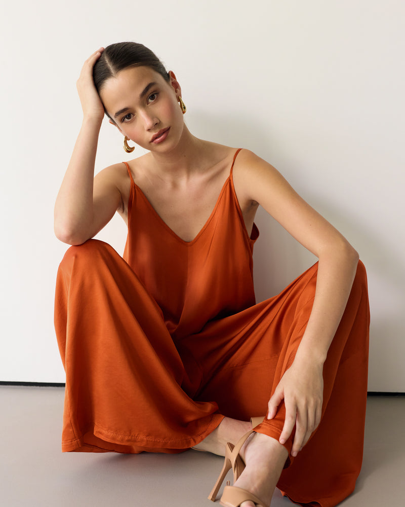 Audrey Satin Jumpsuit | Burnt Orange
