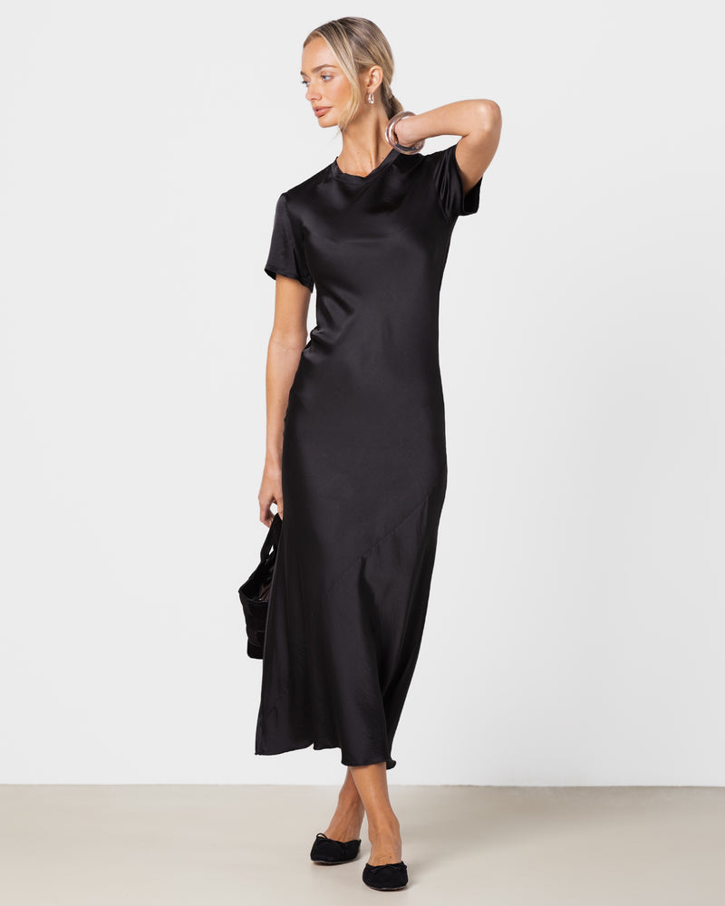JAKI Saskia Short Sleeve Satin Dress in Black size XS | Viscose/Elastane JAKI Saskia Short Sleeve Satin Dress in Black size XS | Viscose/Elastane