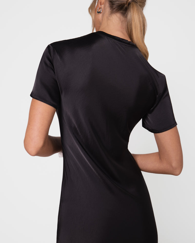 black satin dress short sleeve Black Stretch Satin Bridesmaid Dresses Deep V-Neck Short Sleeves Bridesmaid Dress With Split