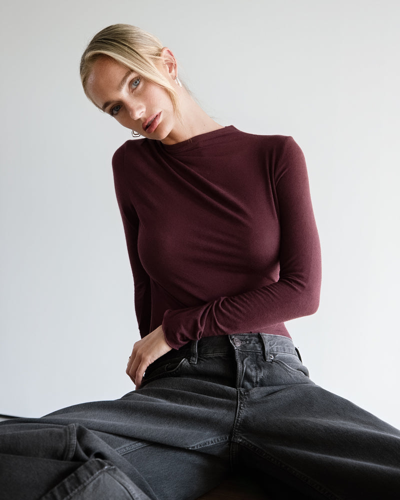 Lucia Featherweight High Neck Top | Burgundy | Modal-Cashmere