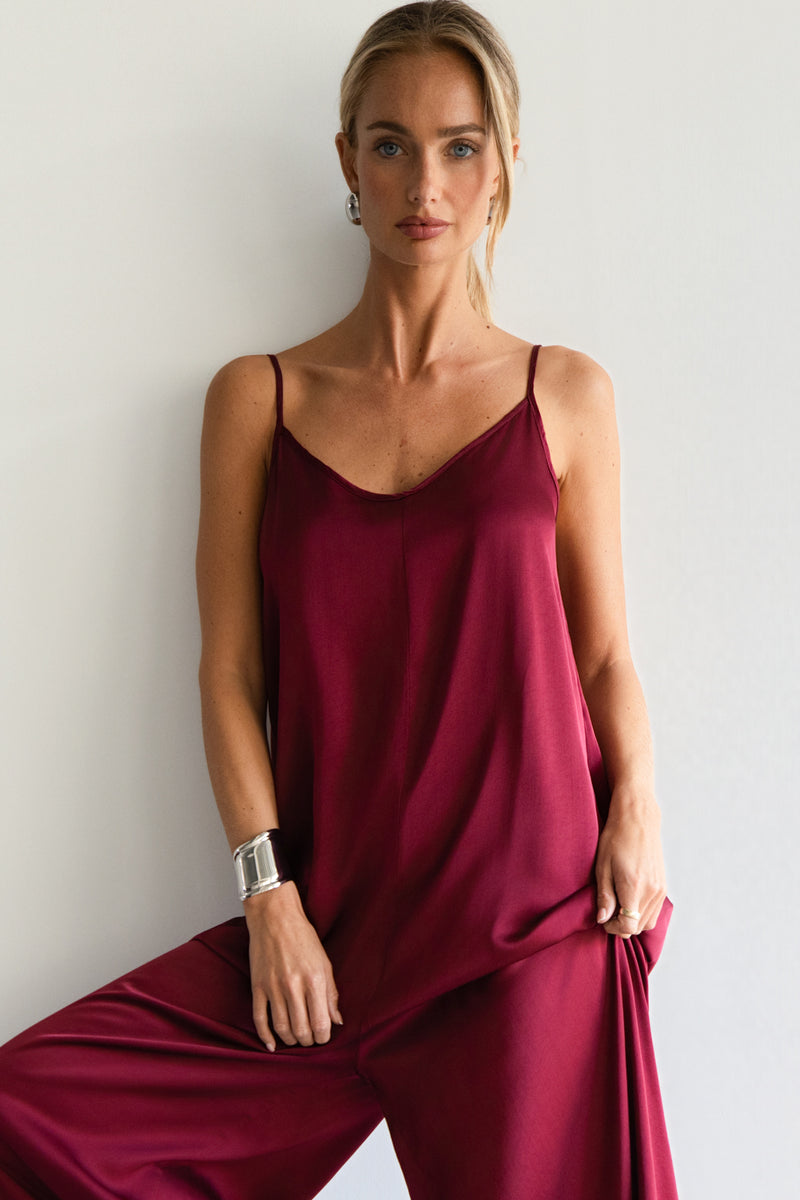 Audrey Satin Jumpsuit | Burgundy
