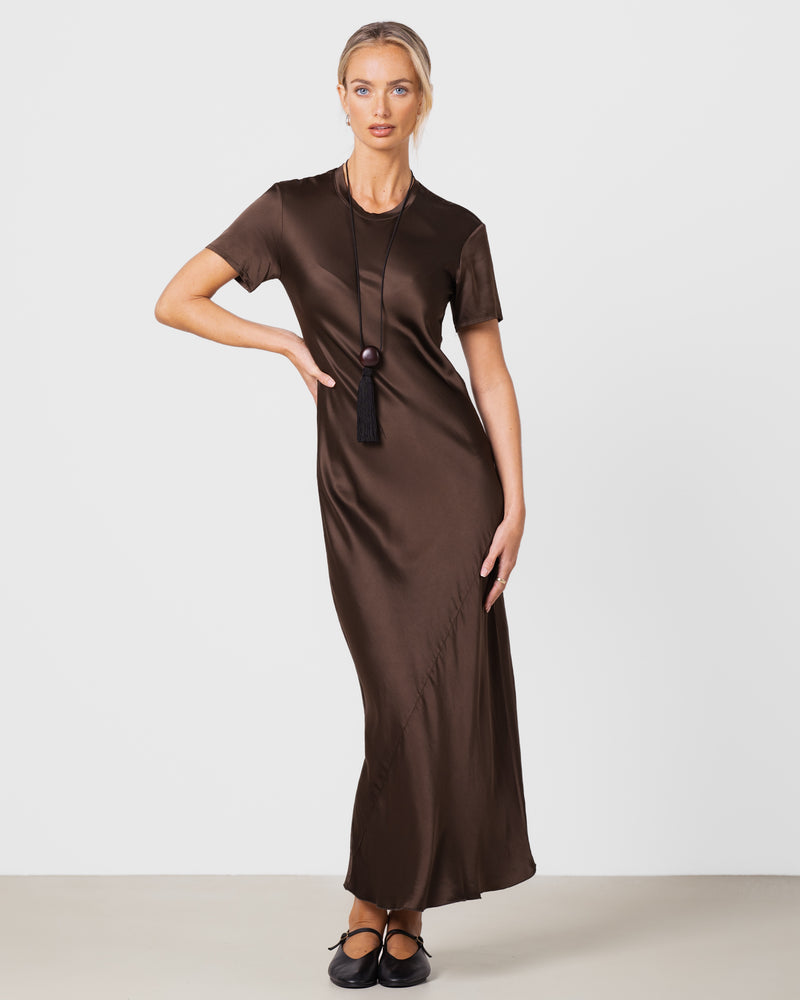 Saskia Short Sleeve Satin Dress | Chocolate Brown Saskia Short Sleeve Satin Dress | Chocolate Brown
