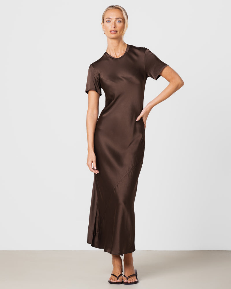 Saskia Short Sleeve Satin Dress | Chocolate Brown JAKI Saskia Short Sleeve Satin Dress | Chocolate Brown JAKI