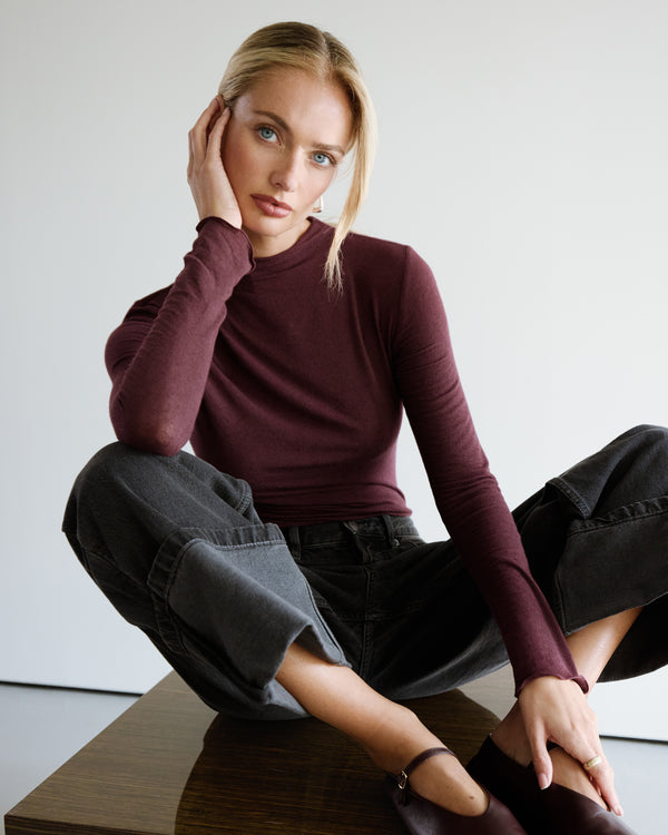 Lucia Featherweight High Neck Top | Burgundy | Modal-Cashmere