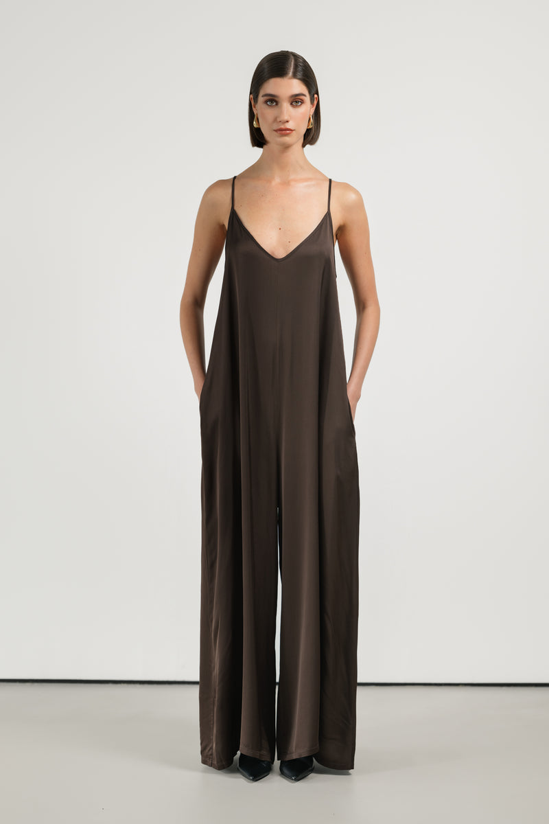 Audrey Satin Jumpsuit | Espresso Brown