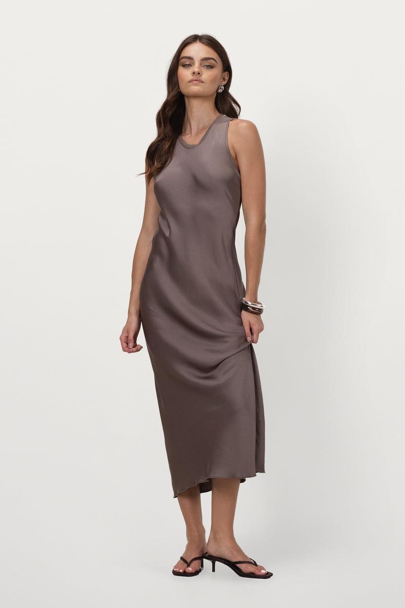 Jaki Sabrina Sleeveless Satin Dress for Women, Mink, 100% Viscose, Made in Italy Jaki Sabrina Sleeveless Satin Dress for Women, Mink, 100% Viscose, Made in Italy