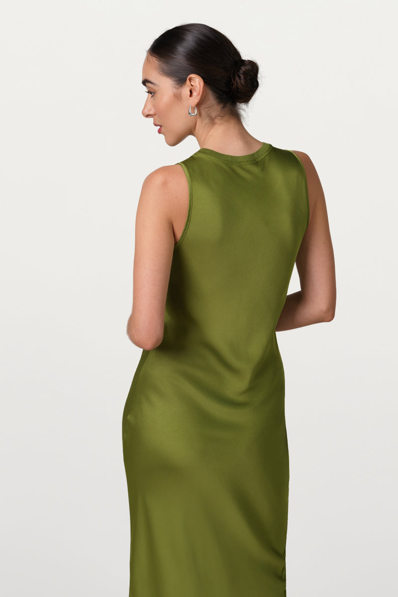 Sabrina Sleeveless Satin Dress | Olive Green JAKI Sabrina Sleeveless Satin Dress | Olive Green JAKI