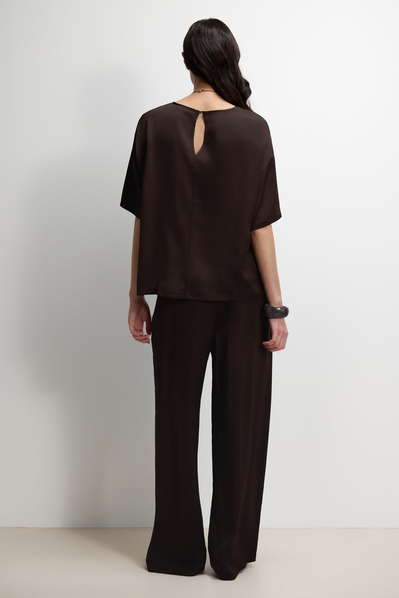 Aiko Elastic Waist Satin Trousers | Espresso Brown