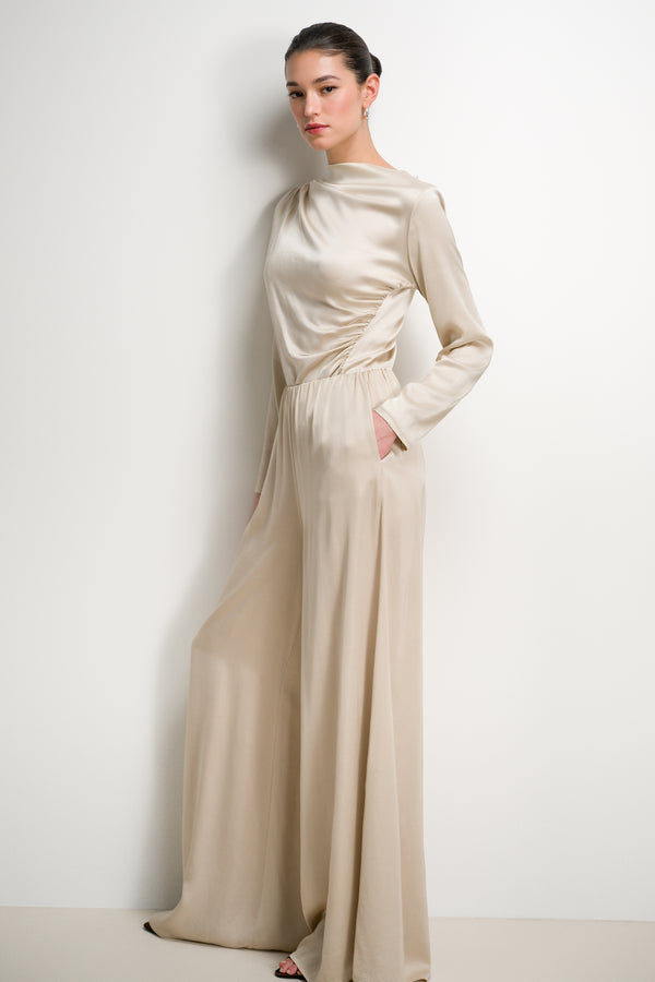 Helena Elastic Waist Satin Trousers | Light Beige