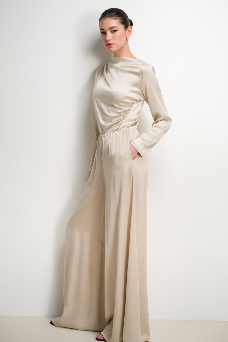 Helena Elastic Waist Satin Trousers | Light Beige