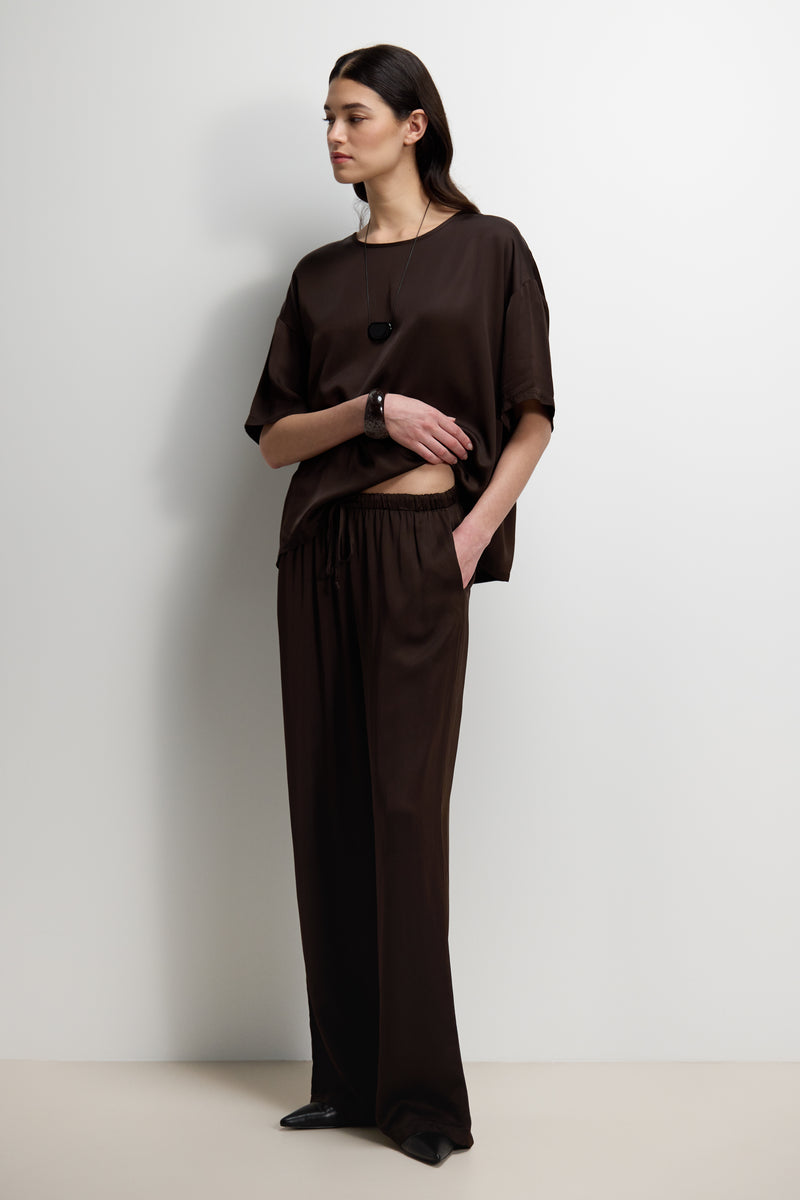 Aiko Elastic Waist Satin Trousers | Espresso Brown