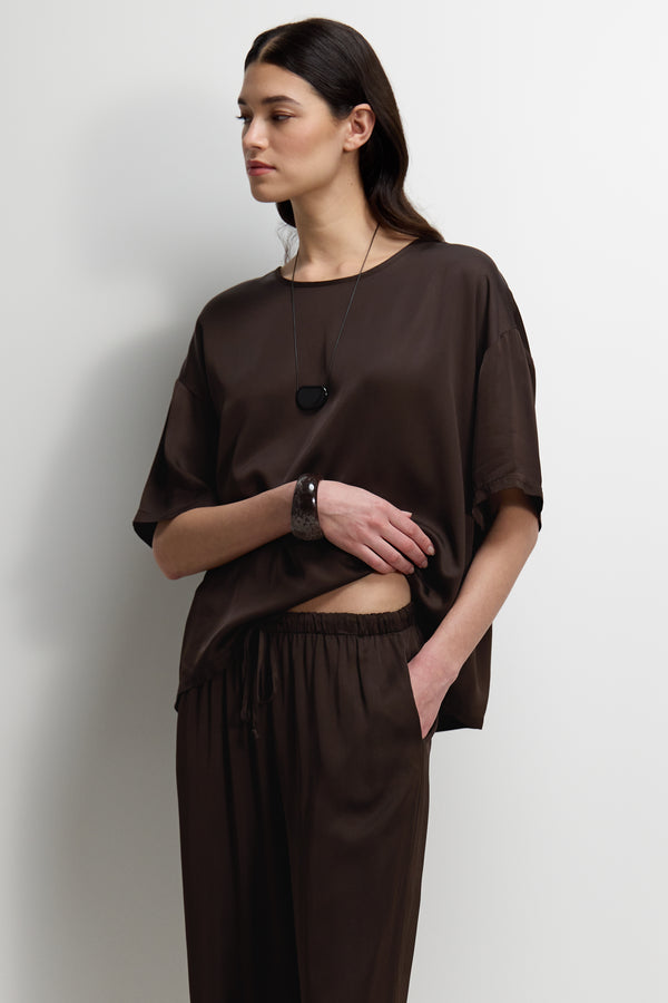 Aiko Elastic Waist Satin Trousers | Espresso Brown