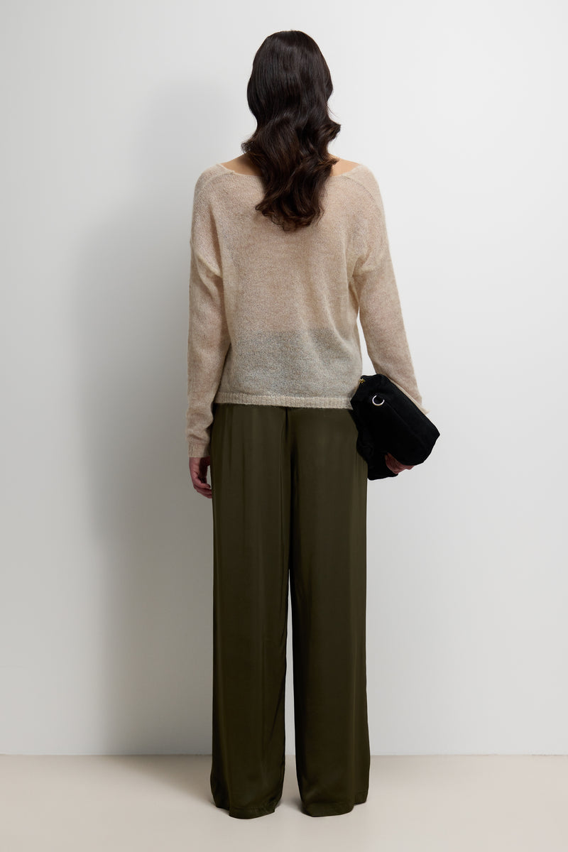 Aiko Elastic Waist Satin Trousers | Khaki