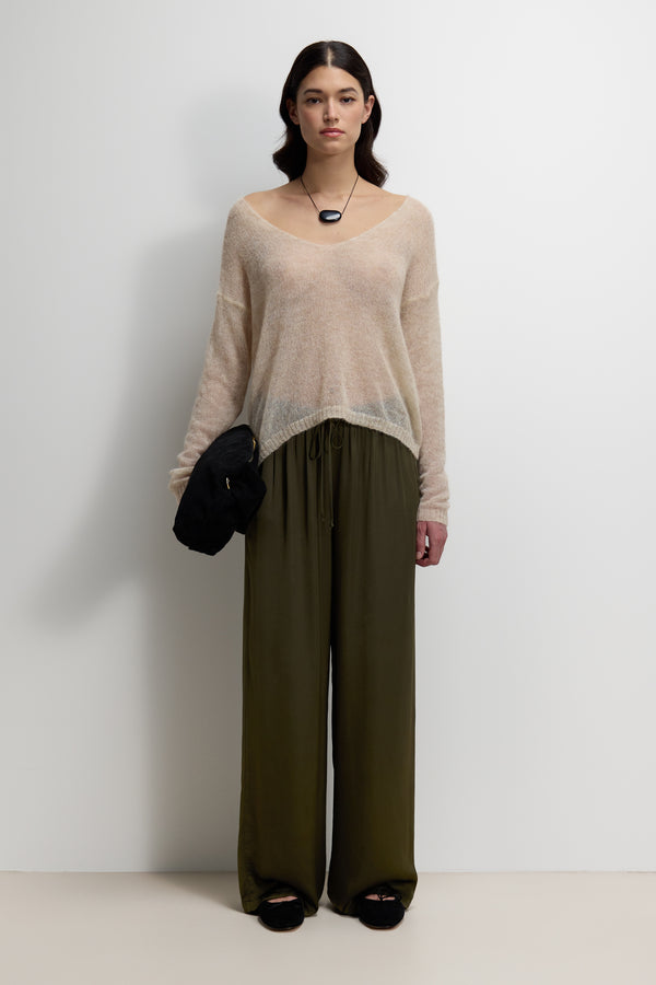 Aiko Elastic Waist Satin Trousers | Khaki