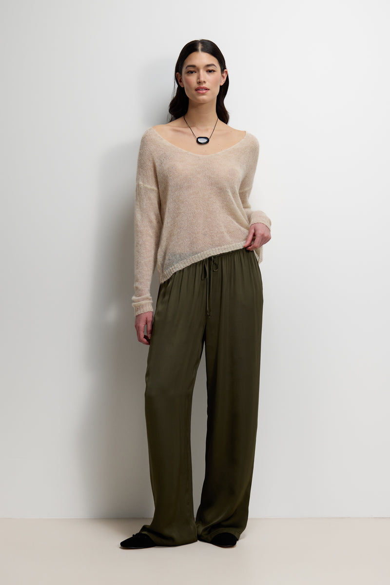 Aiko Elastic Waist Satin Trousers | Khaki