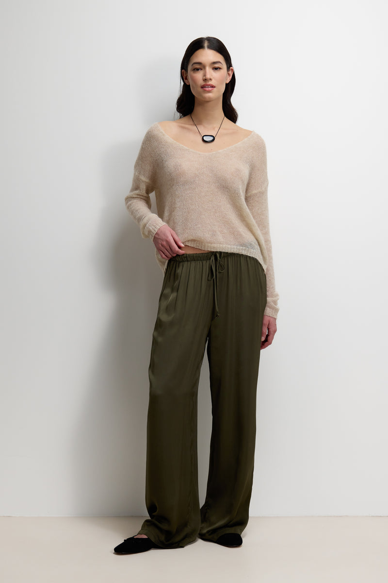 Aiko Elastic Waist Satin Trousers | Khaki