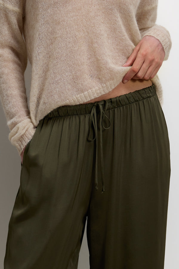 Aiko Elastic Waist Satin Trousers | Khaki