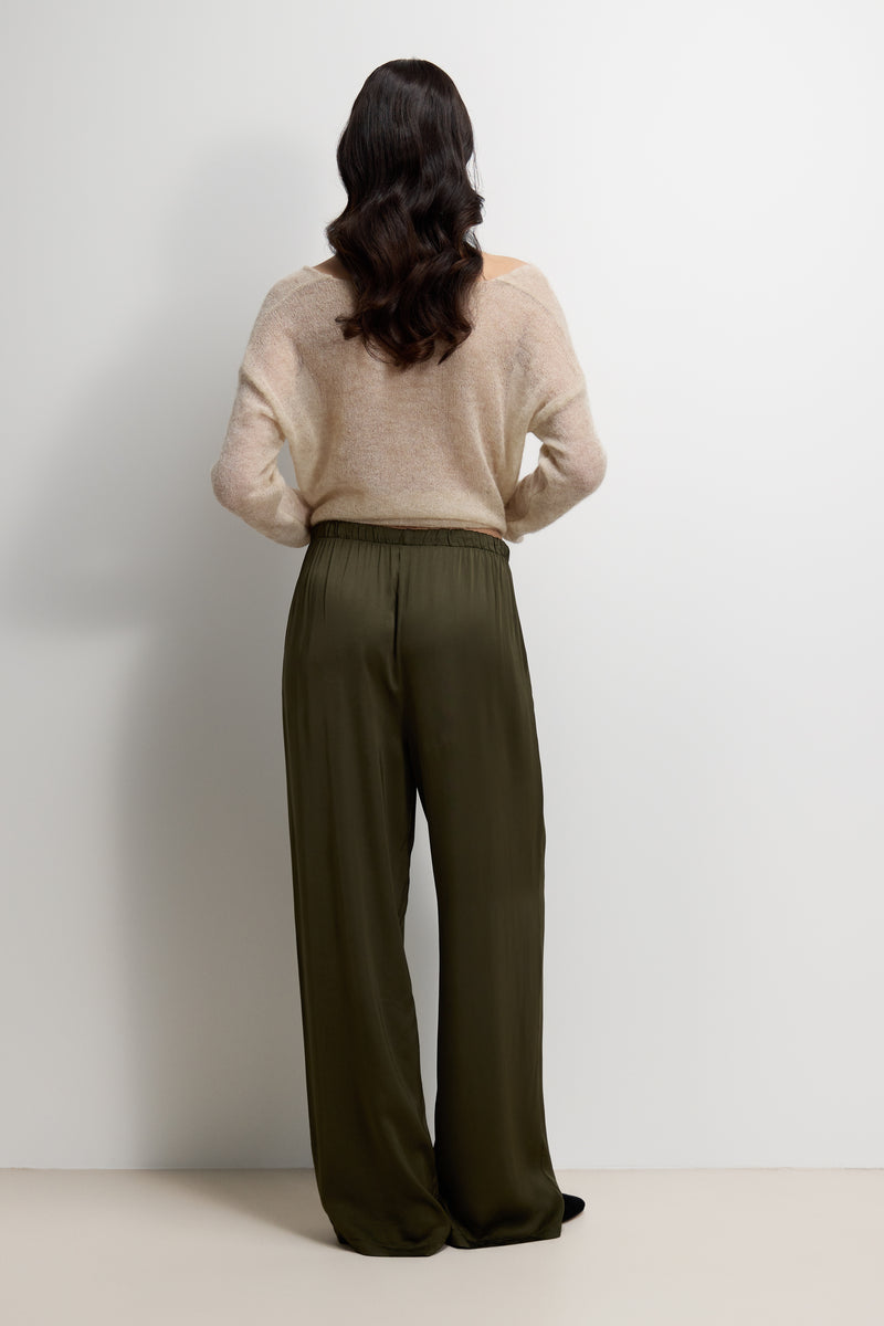 Aiko Elastic Waist Satin Trousers | Khaki