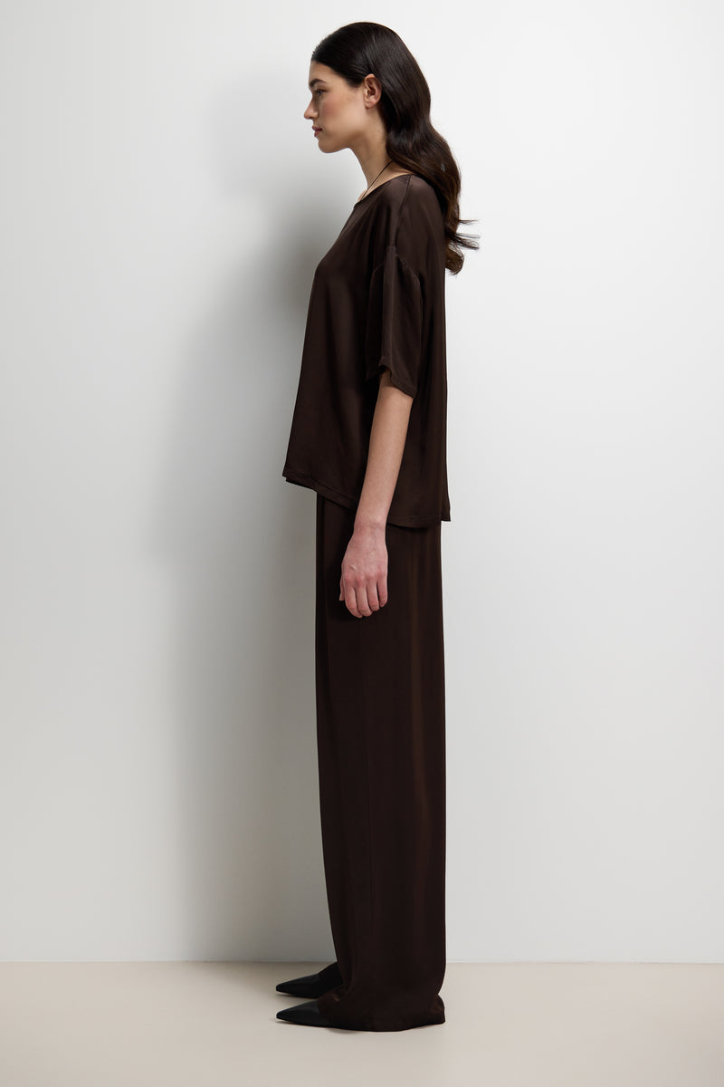 Aiko Elastic Waist Satin Trousers | Espresso Brown