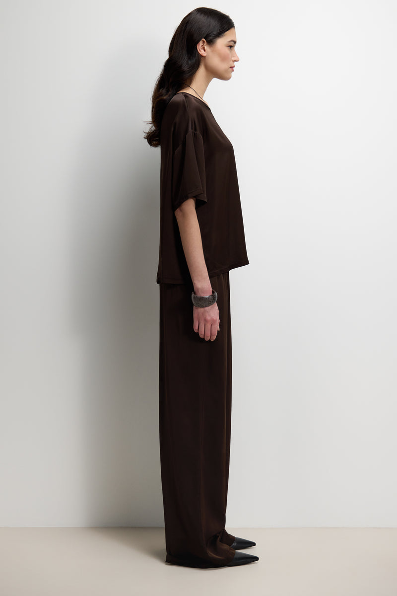 Aiko Elastic Waist Satin Trousers | Espresso Brown