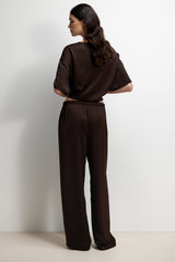 Aiko Elastic Waist Satin Trousers | Espresso Brown