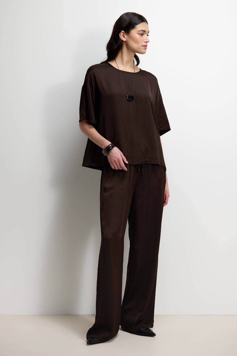 Aiko Elastic Waist Satin Trousers | Espresso Brown