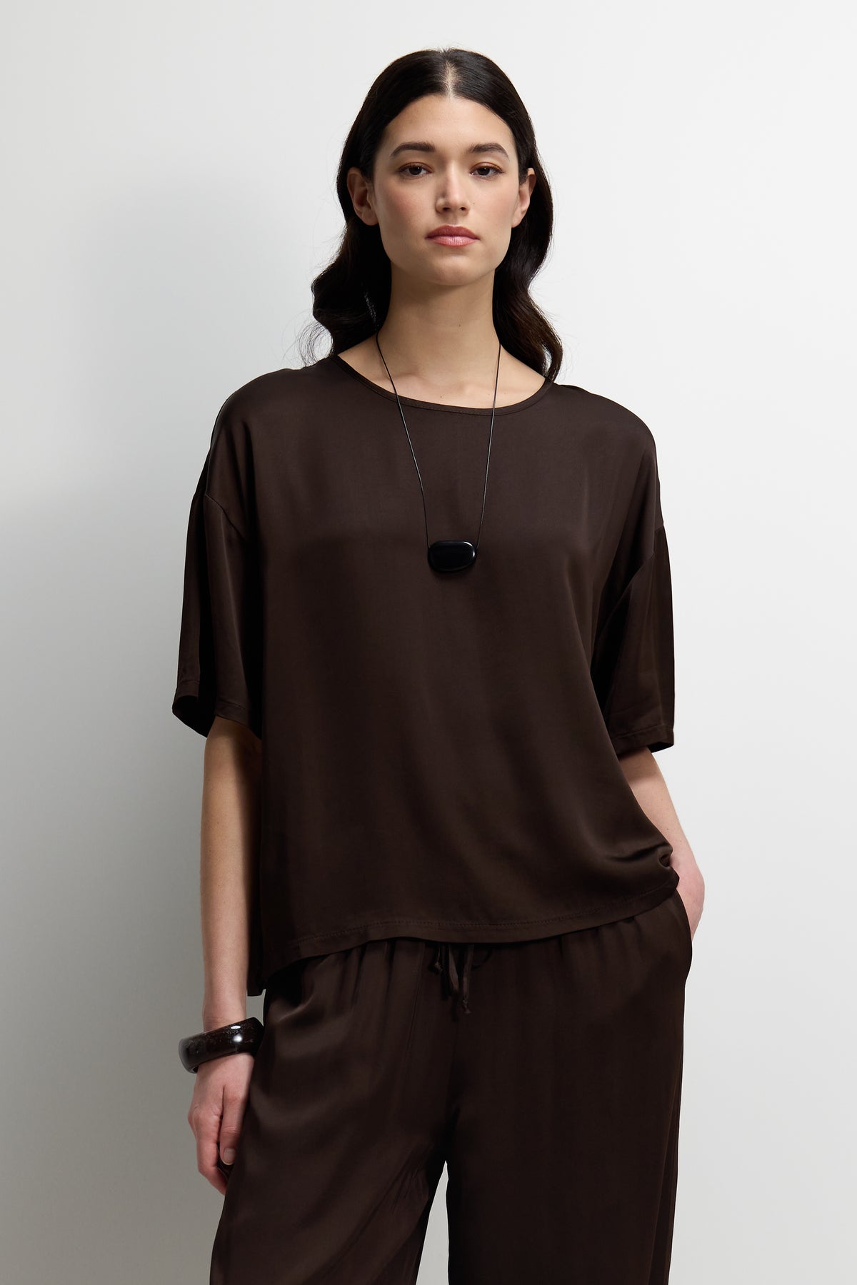 Mila Back Slit Satin Top | Espresso Brown – JAKI