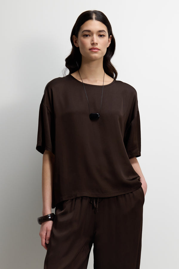 Shae Back Slit Satin Top | Espresso Brown