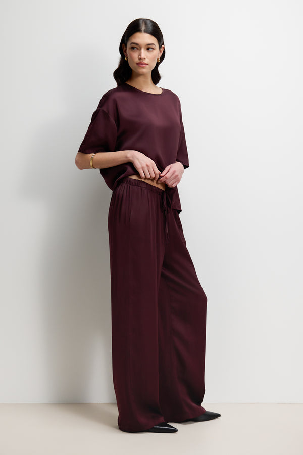 Aiko Elastic Waist Satin Trousers | Plum