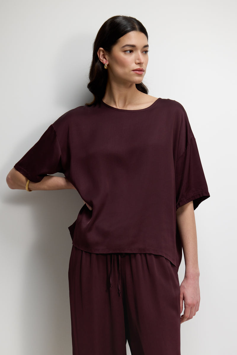 Shae Back Slit Satin Top | Plum