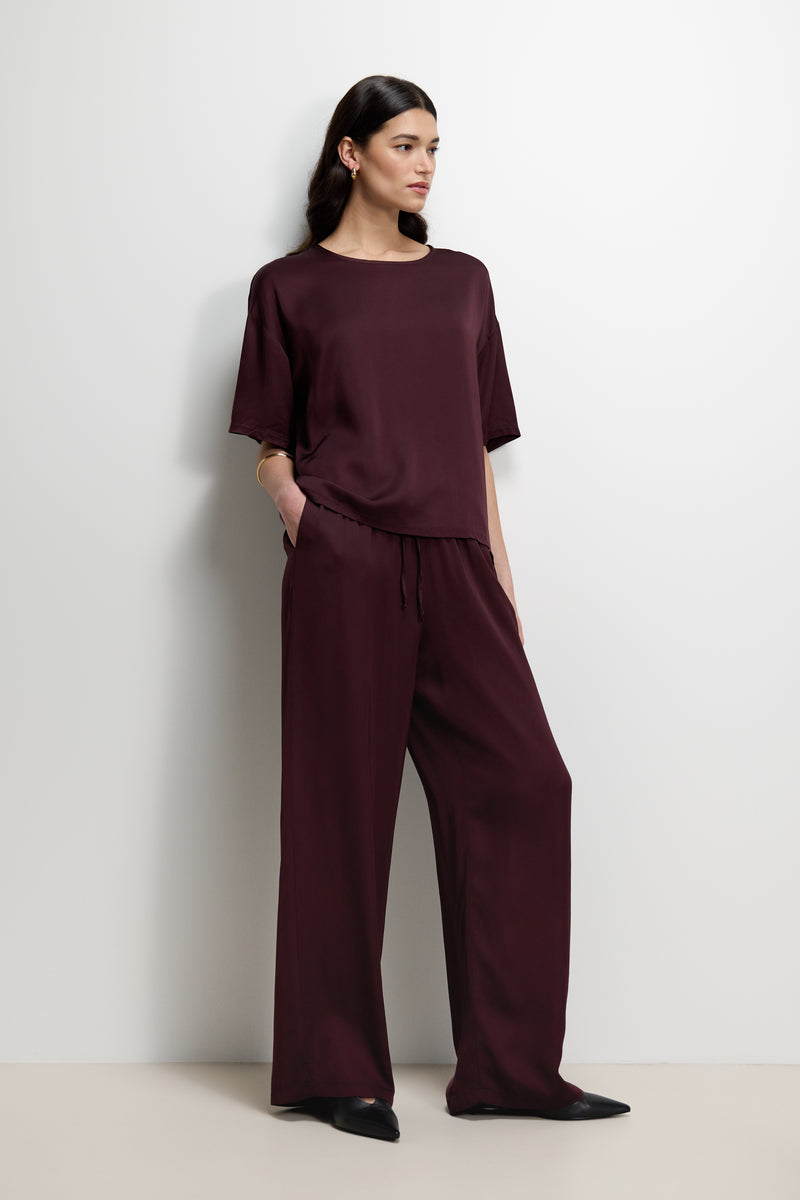 Aiko Elastic Waist Satin Trousers | Plum