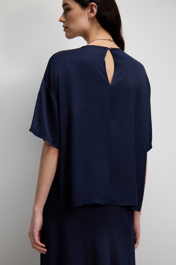Shae Back Slit Satin Top | Navy