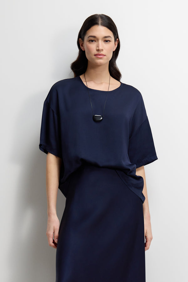 Shae Back Slit Satin Top | Navy