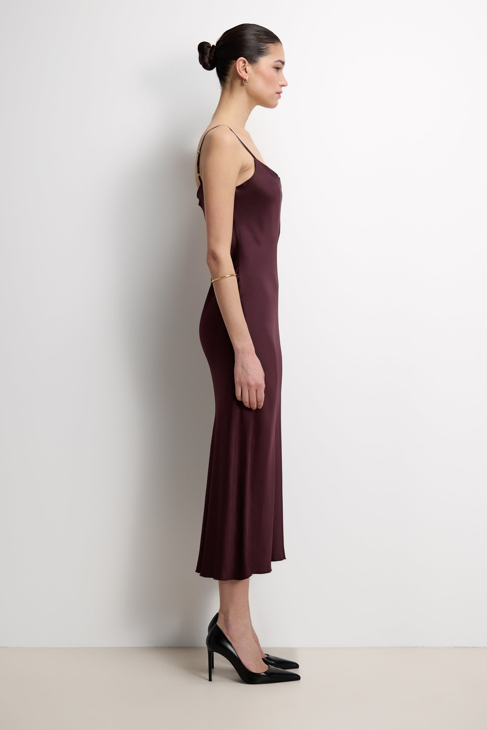 plum satin dress Vionne Strappy Satin Dress