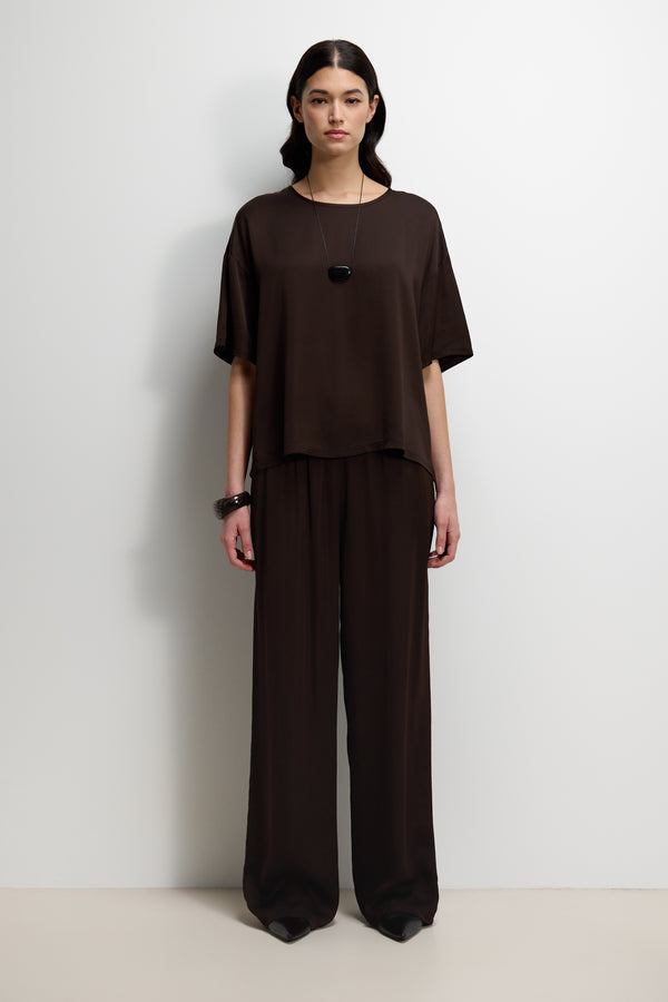 Aiko Elastic Waist Satin Trousers | Espresso Brown